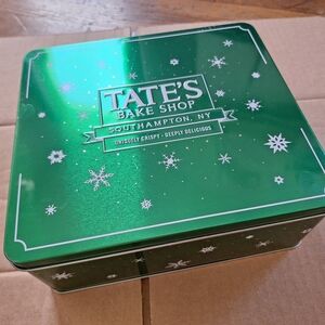 Tate’s Bake Shop Holiday Cookie Tin – Green Snowflake Metal Storage Box